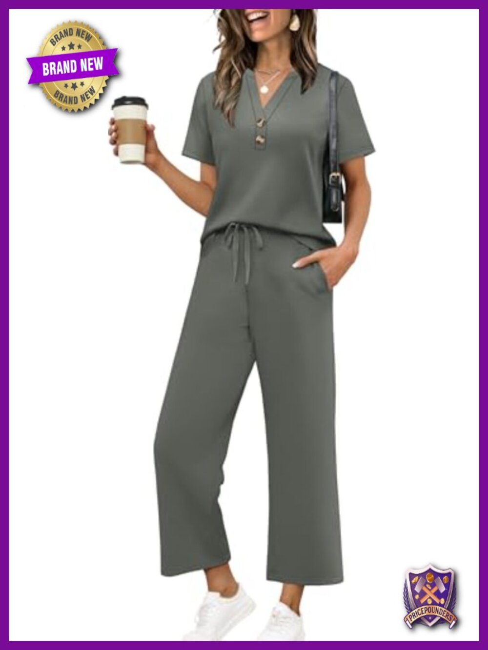 2 Piece Wide Leg Crop Pant Set Button V Neck Top Casual Resort Wear